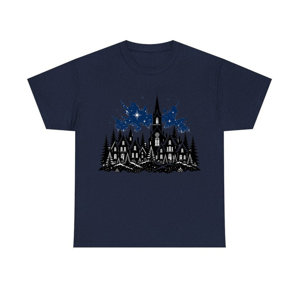 Black Village Church Silhouette personalised Christmas T-shirt in navy