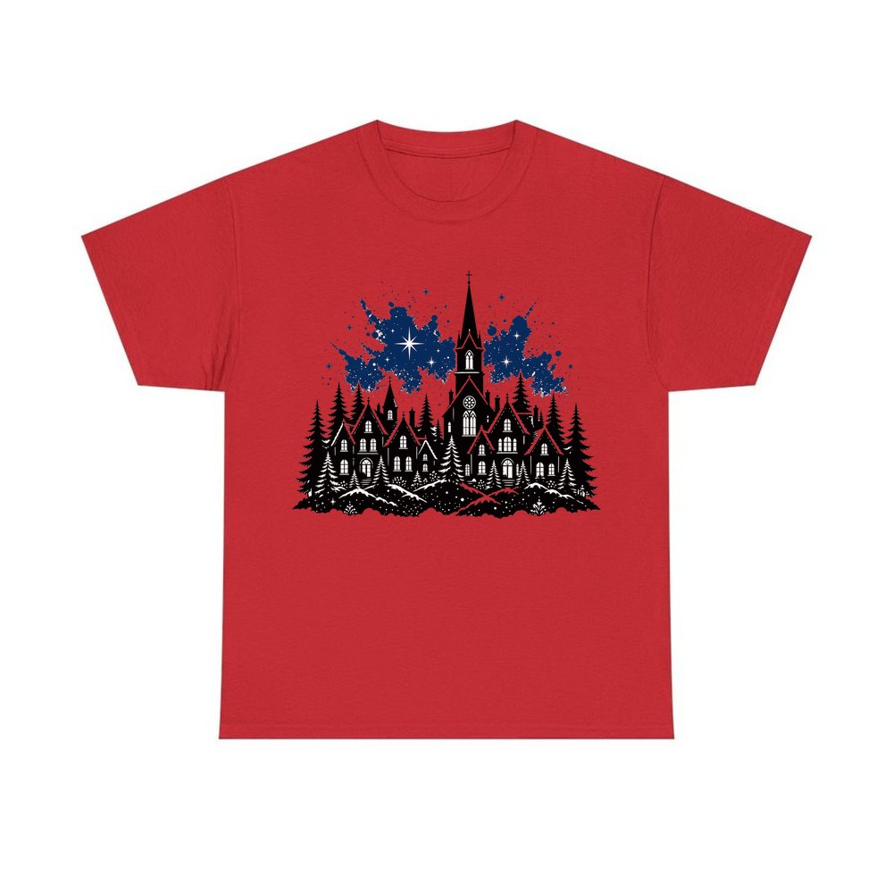 Black Village Church Silhouette personalised Christmas T-shirt in red