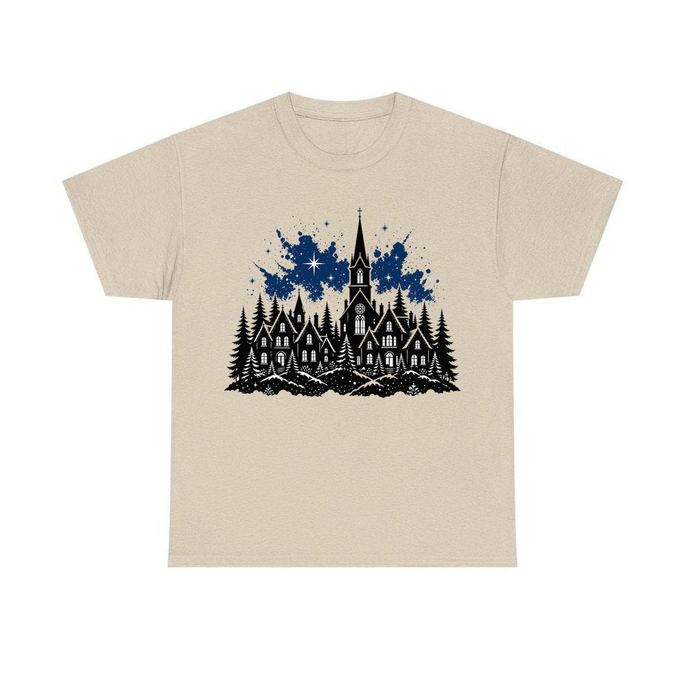 Black Village Church Silhouette personalised Christmas T-shirt in sand