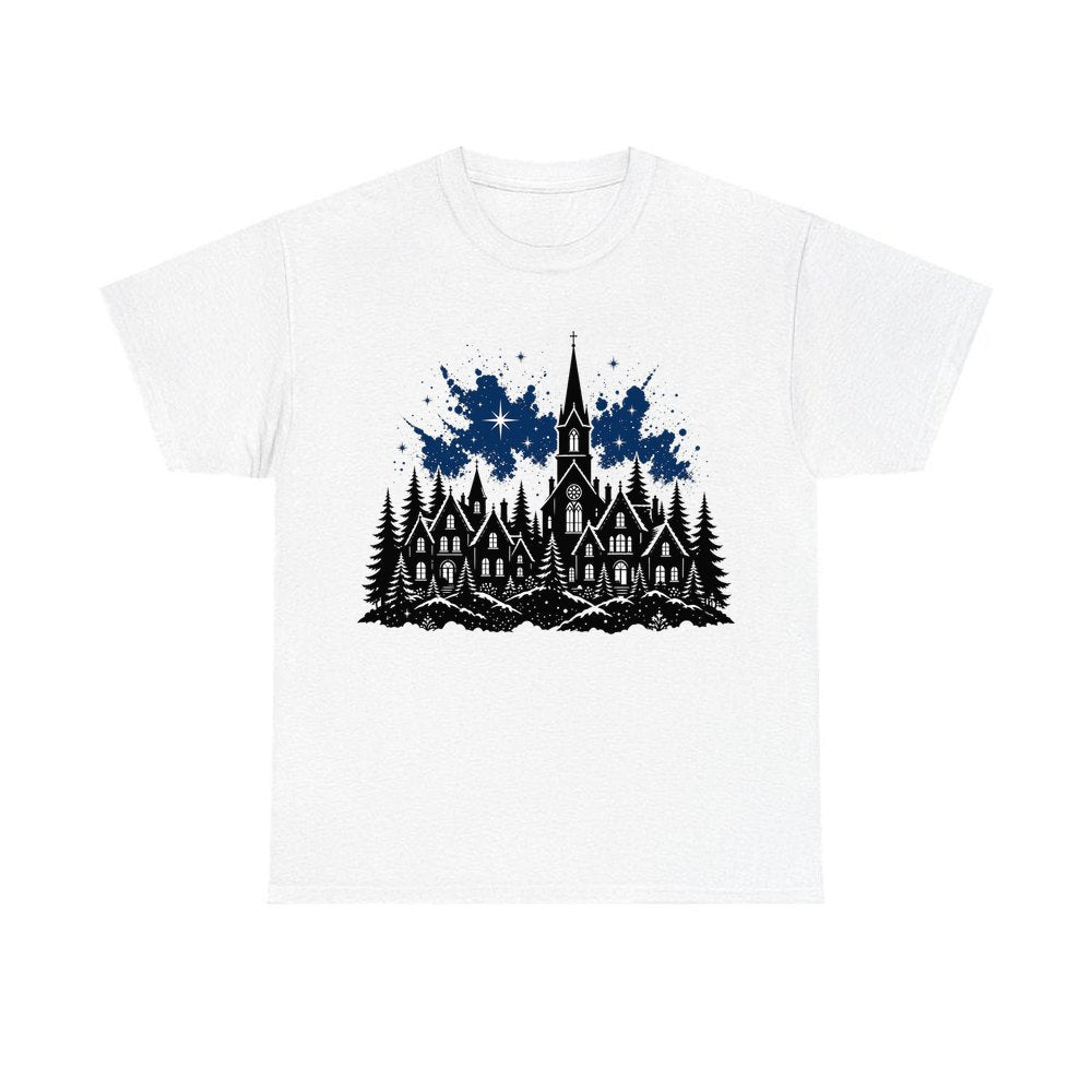 Black Village Church Silhouette personalised Christmas T-shirt in white