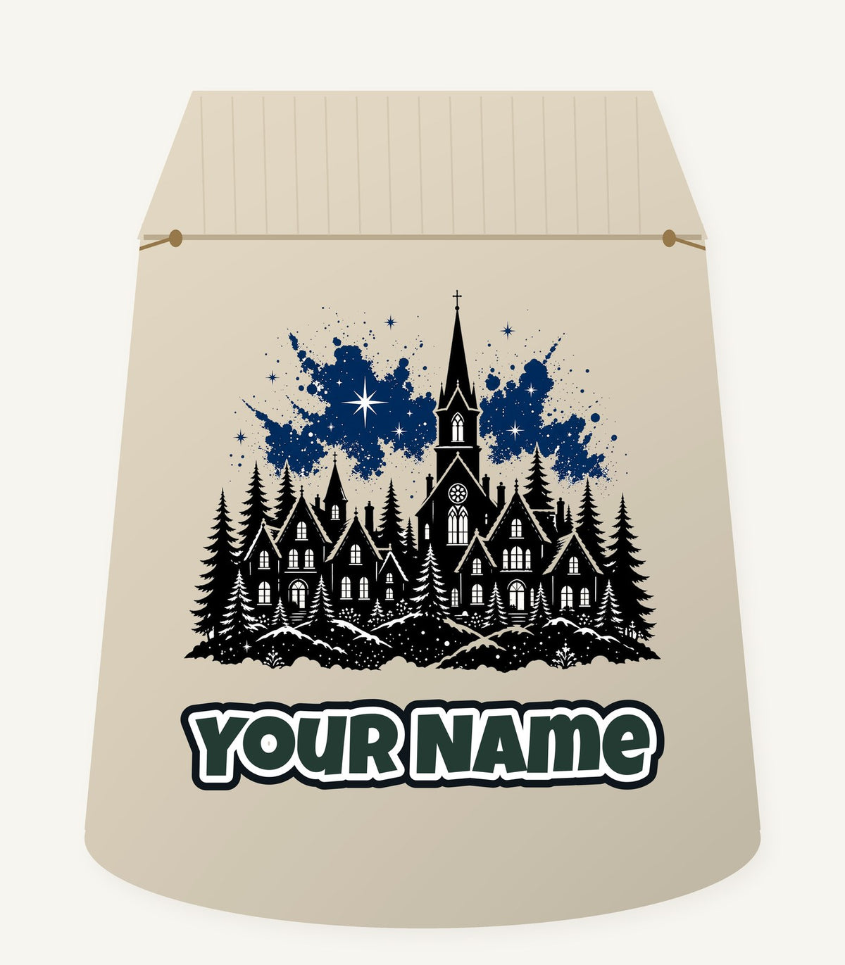 Black Village Church Silhouette Personalised Santa Sack