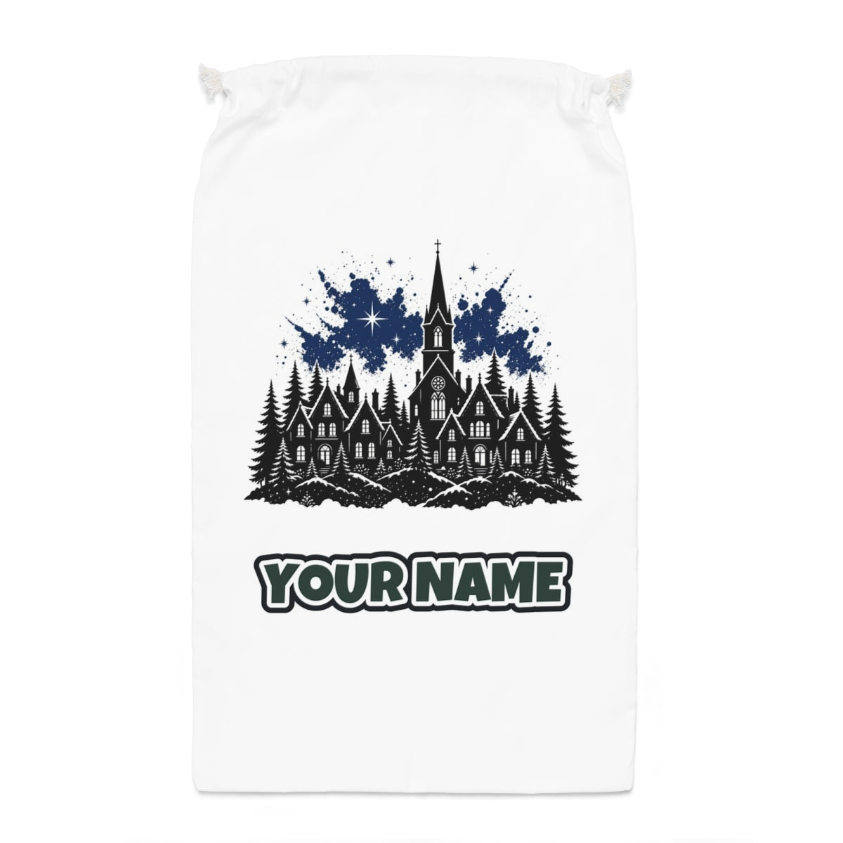 Black Village Church Silhouette Santa sack laid flat, showing the full print