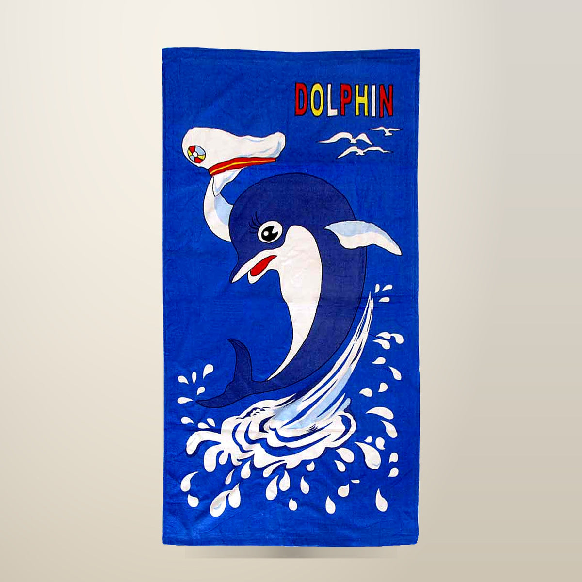 Bloomington Dolphin Print Kids Beach Towel, 70 x 140 cm, on a plain cream background