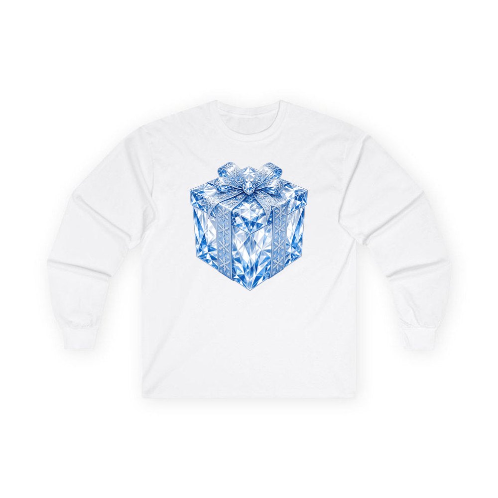 Blue Crystal Gift Box personalised long sleeve Christmas T-shirt in white