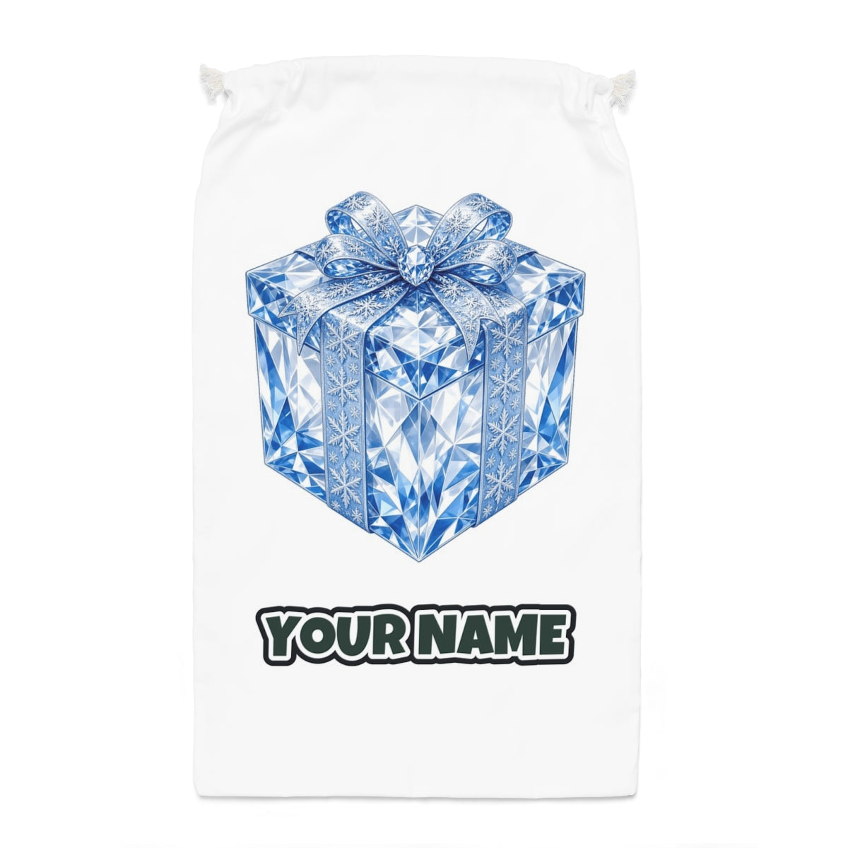 Blue Crystal Gift Box Santa sack laid flat, showing the full print
