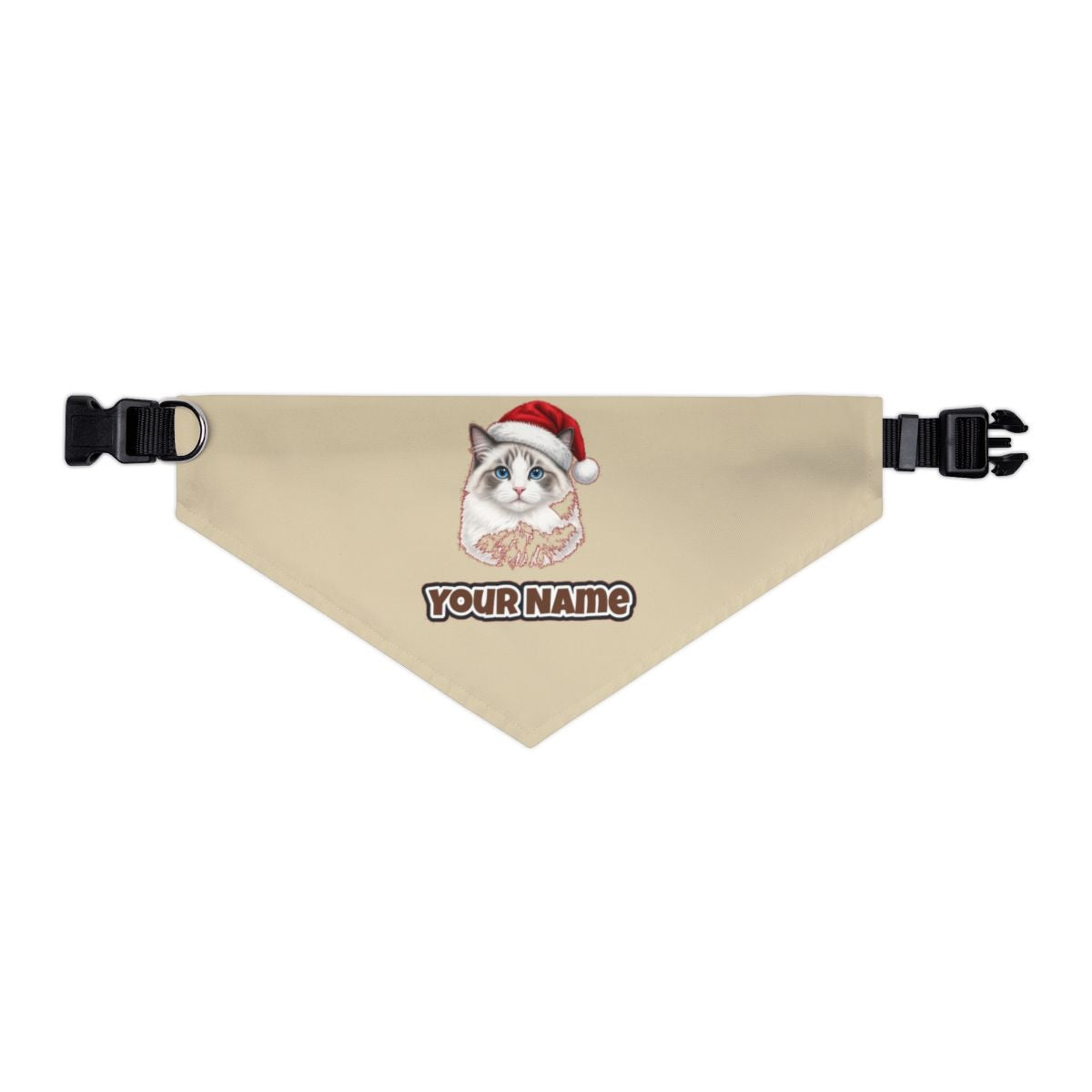 Blue Eyed Longhair Cat personalised Christmas pet bandana in beige, collar with buckle