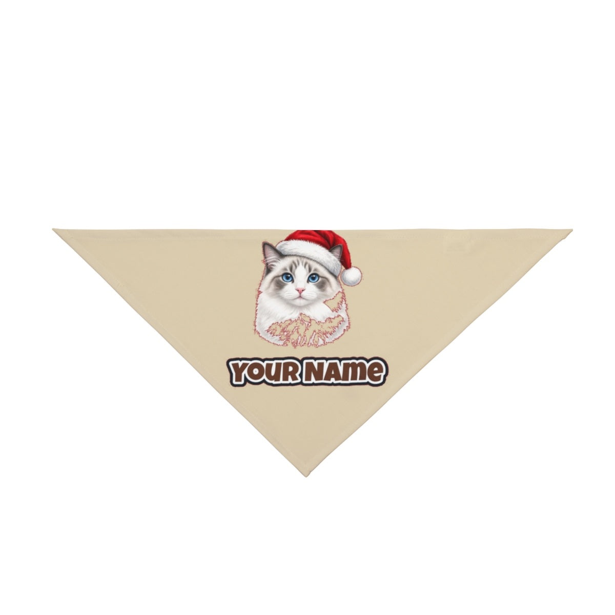 Blue Eyed Longhair Cat personalised Christmas pet bandana in beige, tie-on style