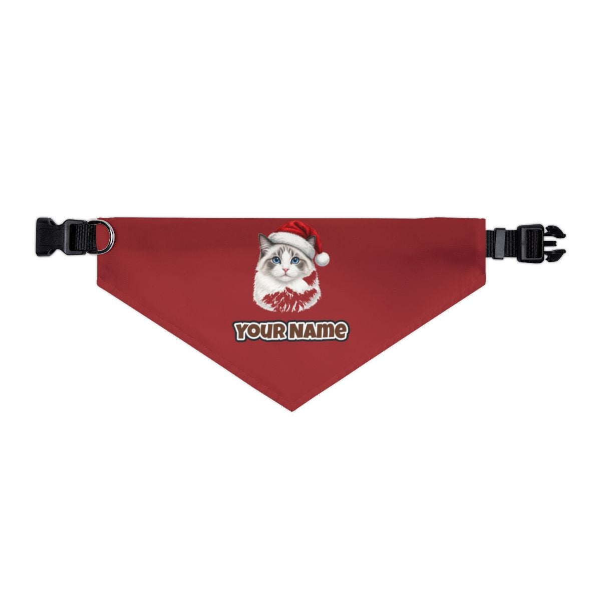 Blue Eyed Longhair Cat personalised Christmas pet bandana in red, collar with buckle