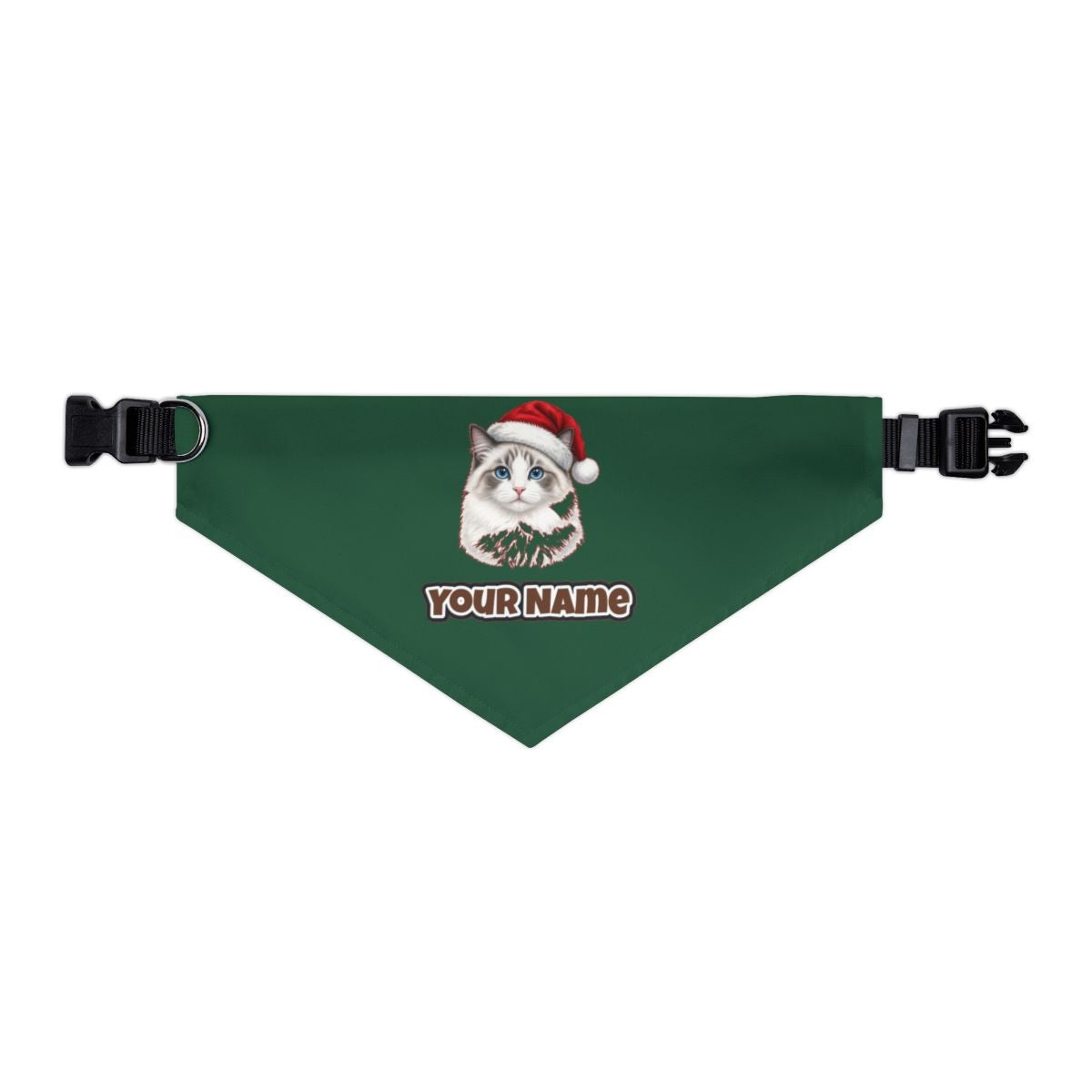 Blue Eyed Longhair Cat personalised Christmas pet bandana in green, collar with buckle