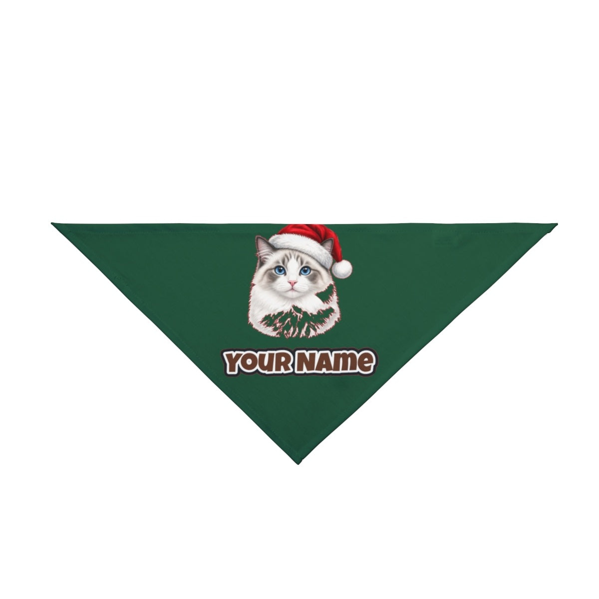Blue Eyed Longhair Cat personalised Christmas pet bandana in green, tie-on style