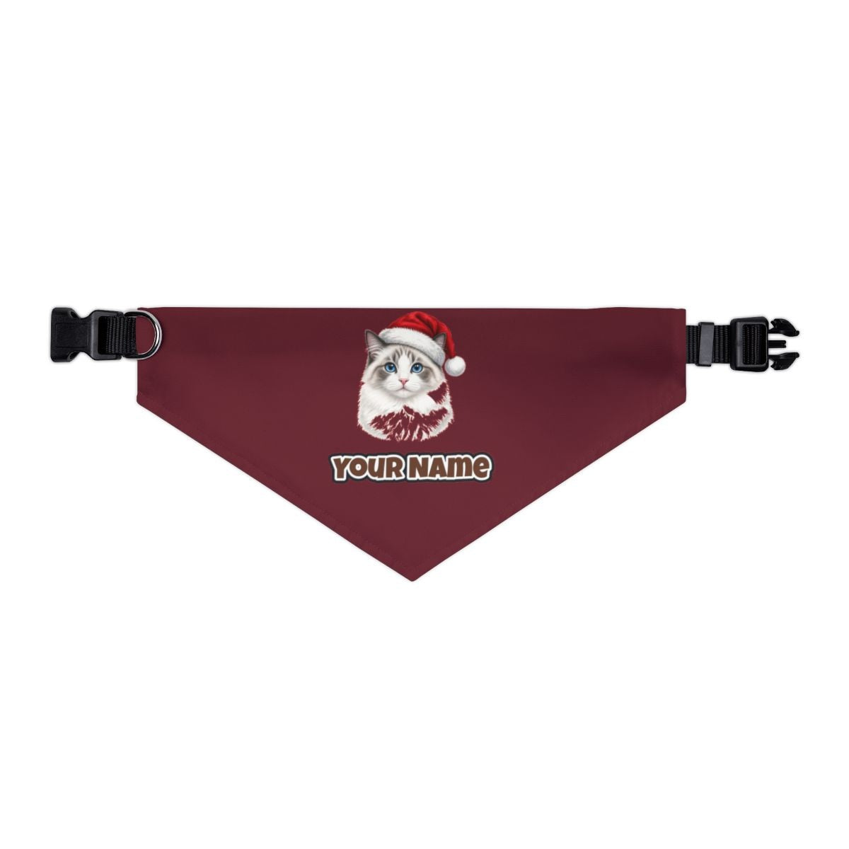 Blue Eyed Longhair Cat personalised Christmas pet bandana in maroon, collar with buckle