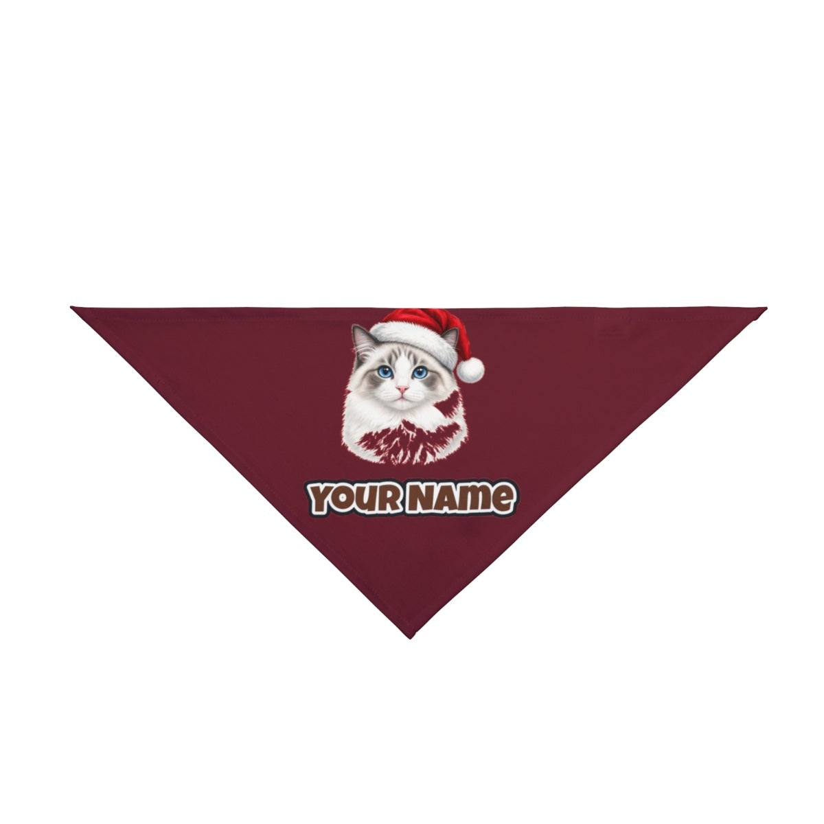 Blue Eyed Longhair Cat personalised Christmas pet bandana in maroon, tie-on style