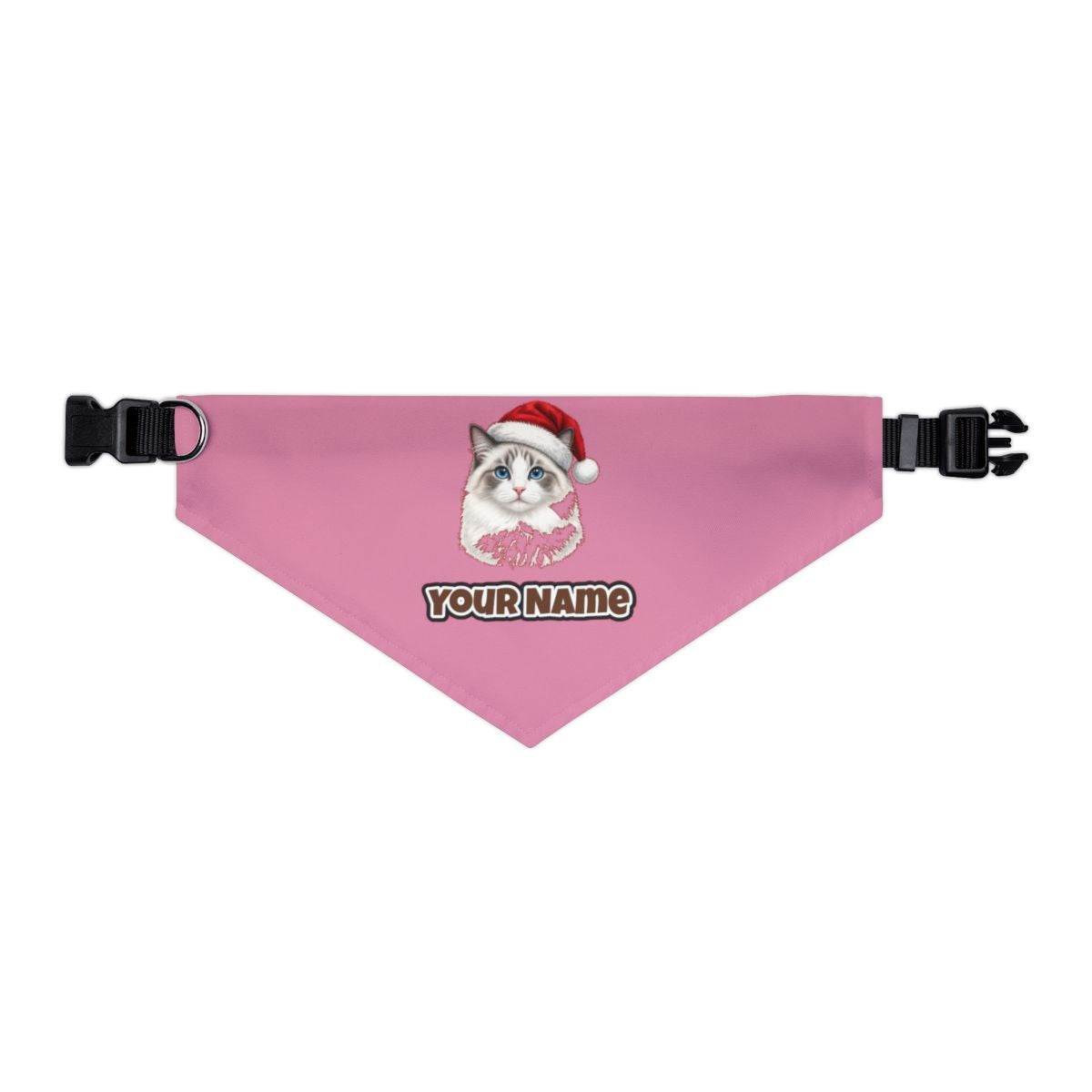 Blue Eyed Longhair Cat personalised Christmas pet bandana in pink, collar with buckle