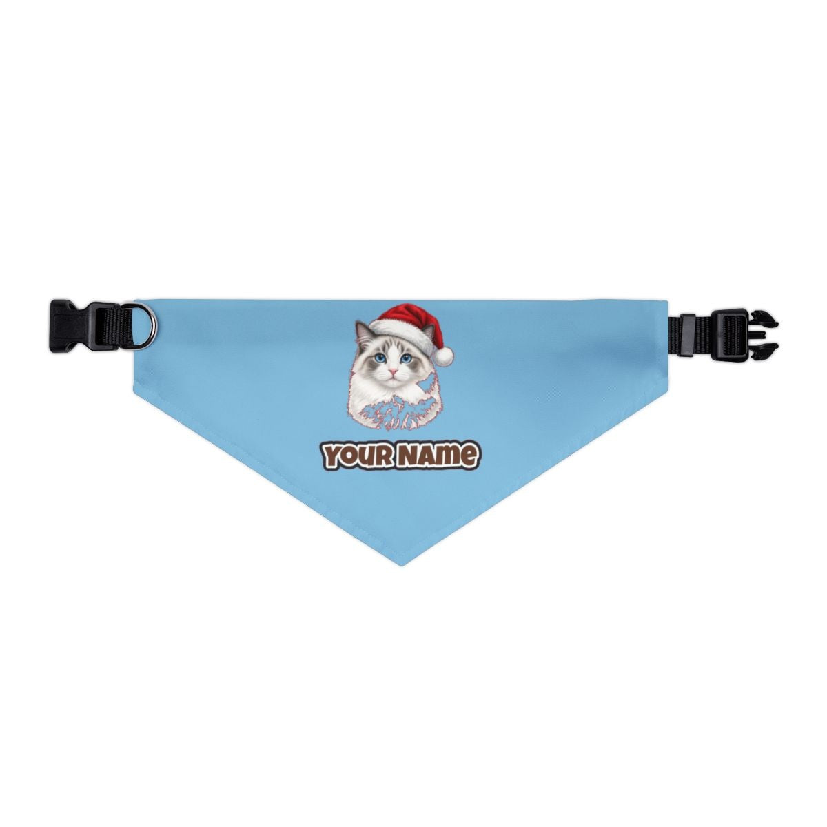 Blue Eyed Longhair Cat personalised Christmas pet bandana in sky blue, collar with buckle