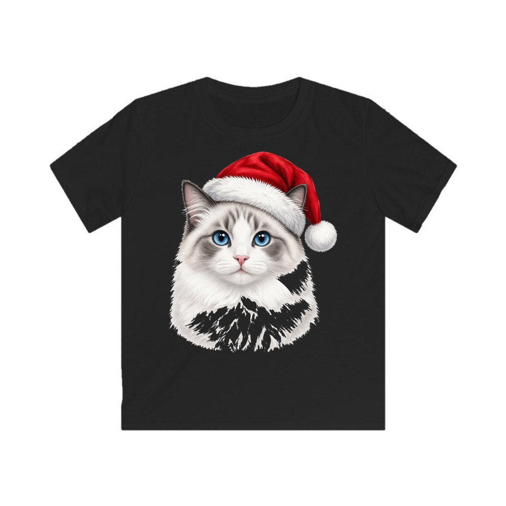 Blue Eyed Longhair Cat personalised kids Christmas tee in black