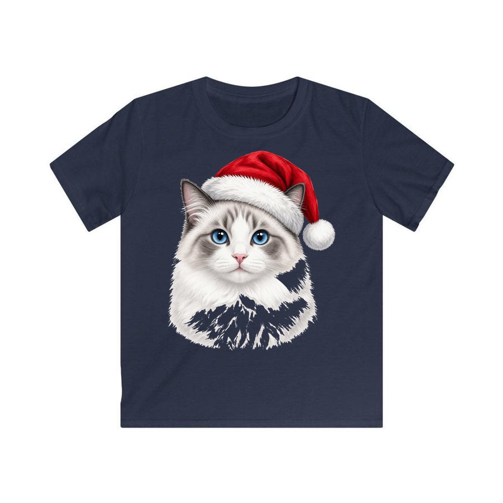 Blue Eyed Longhair Cat personalised kids Christmas tee in navy