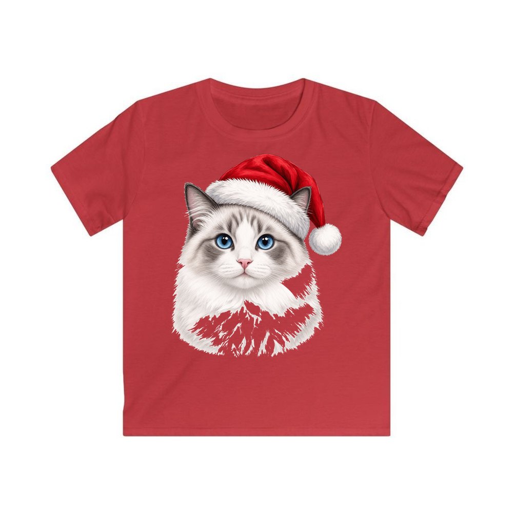 Blue Eyed Longhair Cat personalised kids Christmas tee in red