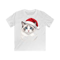 Blue Eyed Longhair Cat Christmas Kids Christmas Tee design on a white kids tee