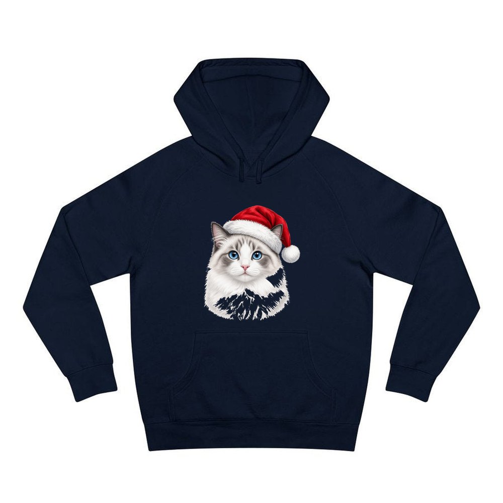 Blue Eyed Longhair Cat personalised Christmas hoodie in navy
