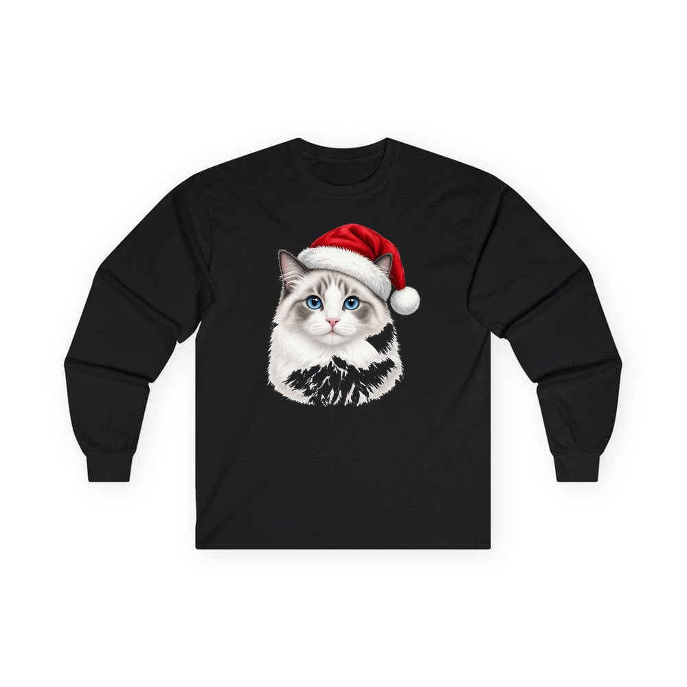 Blue Eyed Longhair Cat personalised long sleeve Christmas T-shirt in black