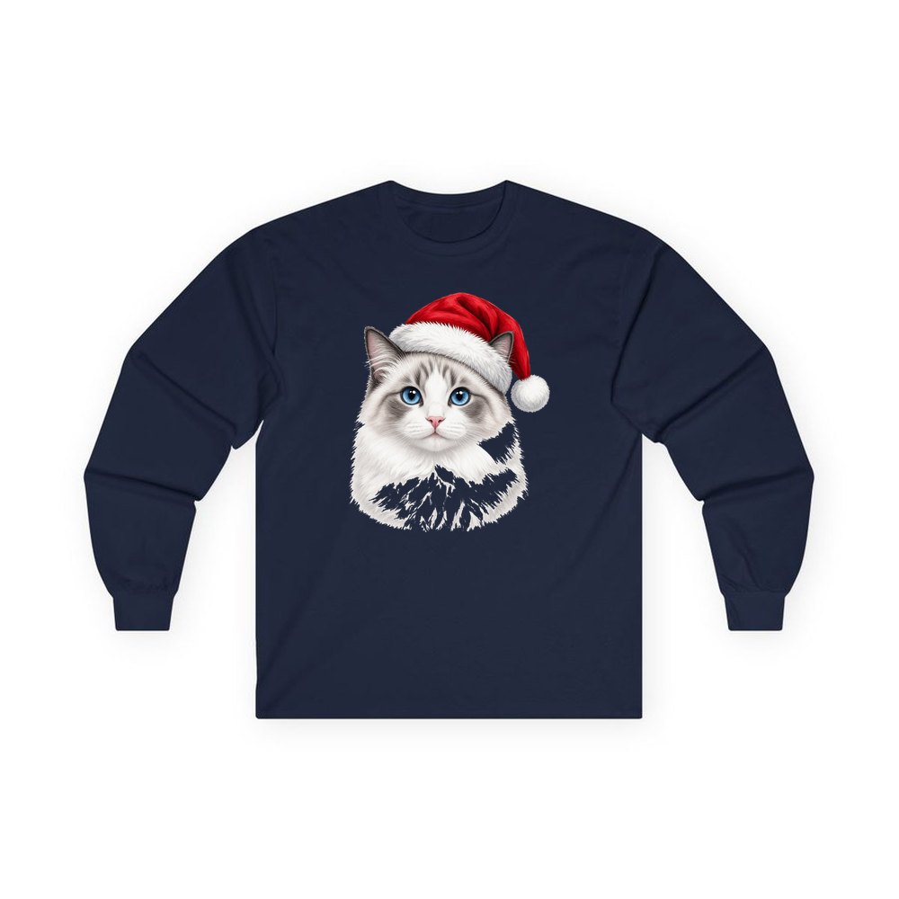 Blue Eyed Longhair Cat personalised long sleeve Christmas T-shirt in navy