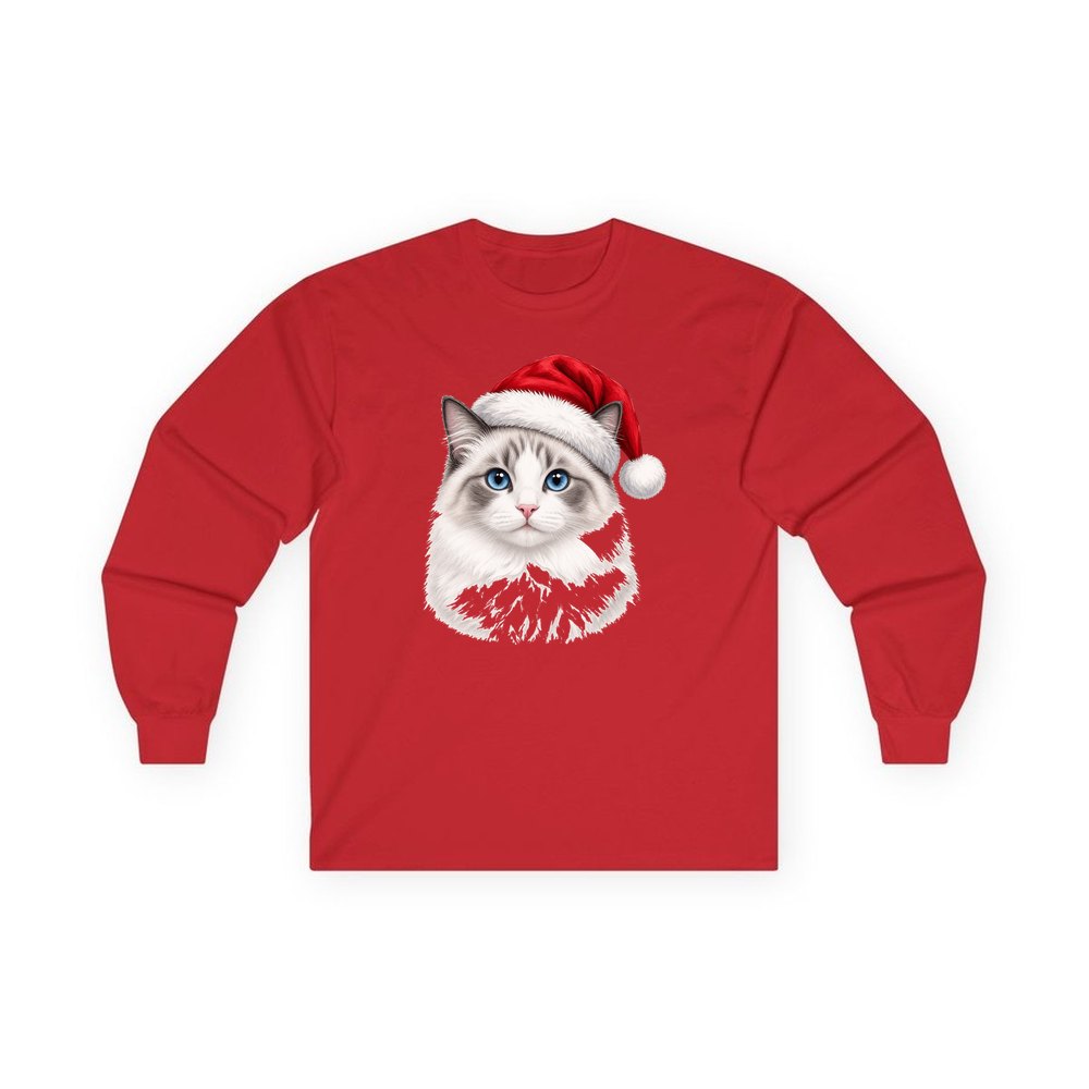 Blue Eyed Longhair Cat personalised long sleeve Christmas T-shirt in red