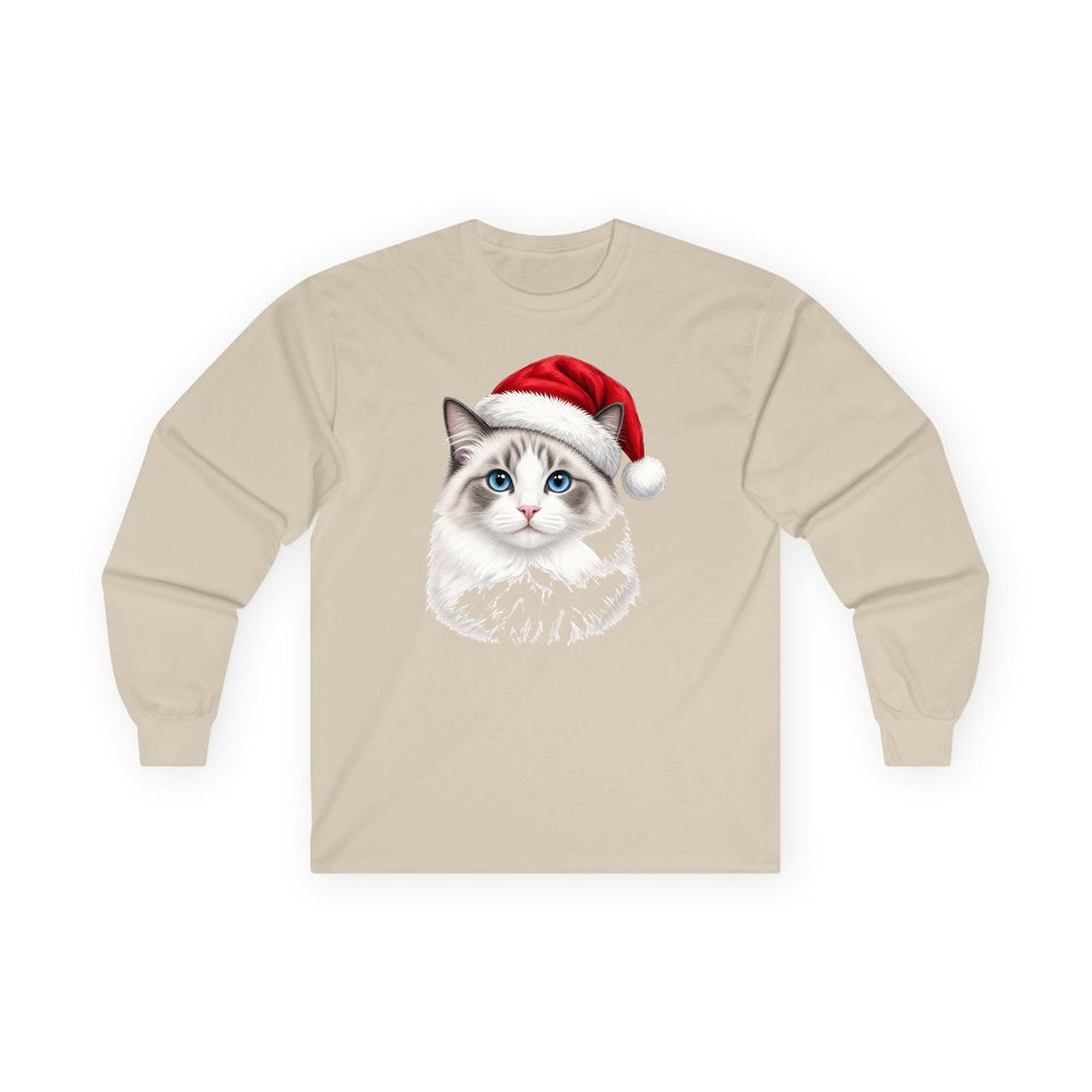 Blue Eyed Longhair Cat personalised long sleeve Christmas T-shirt in sand