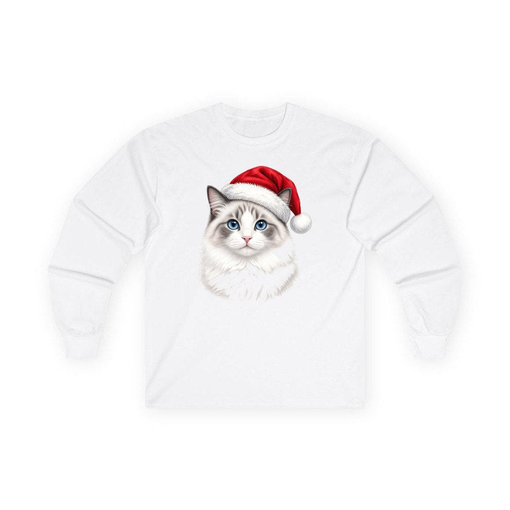Blue Eyed Longhair Cat personalised long sleeve Christmas T-shirt in white