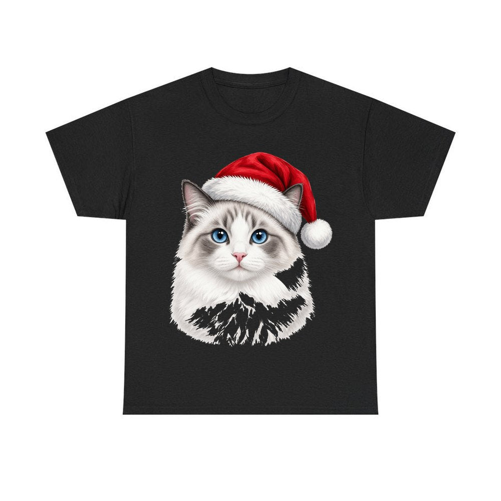 Blue Eyed Longhair Cat personalised Christmas T-shirt in black