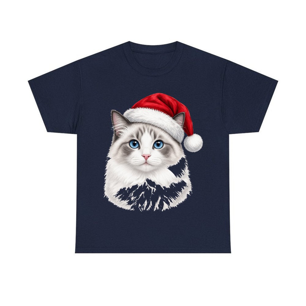 Blue Eyed Longhair Cat personalised Christmas T-shirt in navy