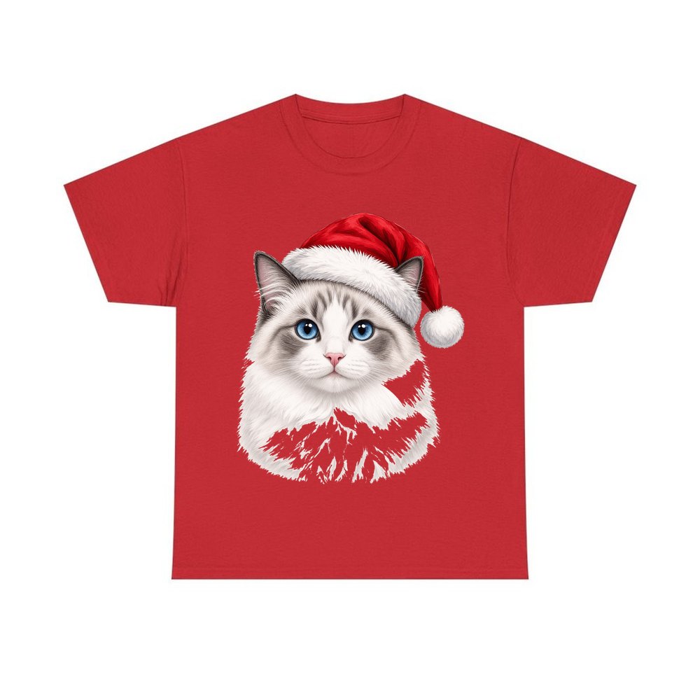 Blue Eyed Longhair Cat personalised Christmas T-shirt in red