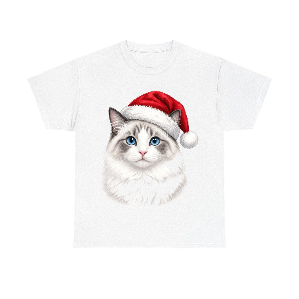 Blue Eyed Longhair Cat personalised Christmas T-shirt in white