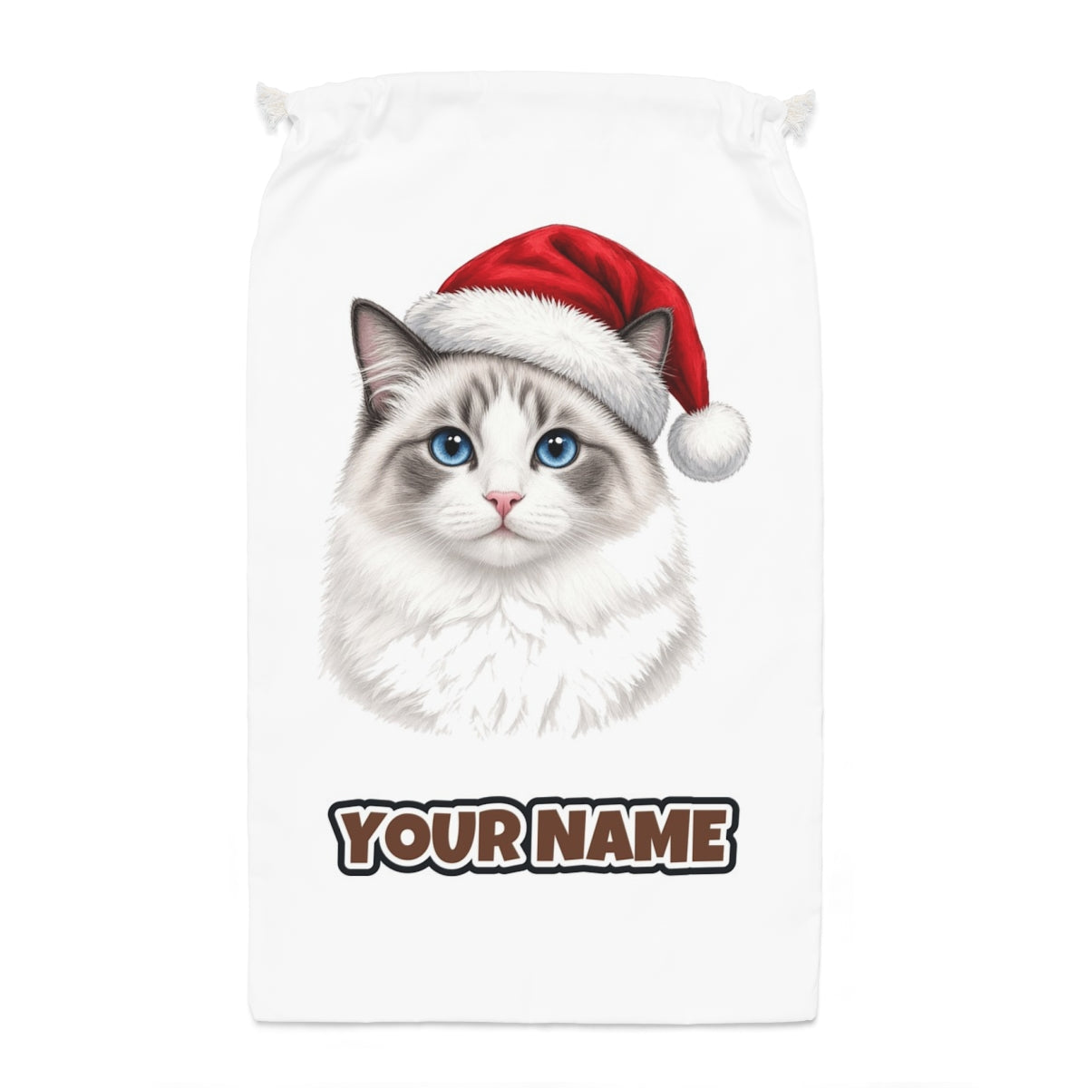 Blue Eyed Longhair Cat Santa sack laid flat, showing the full print