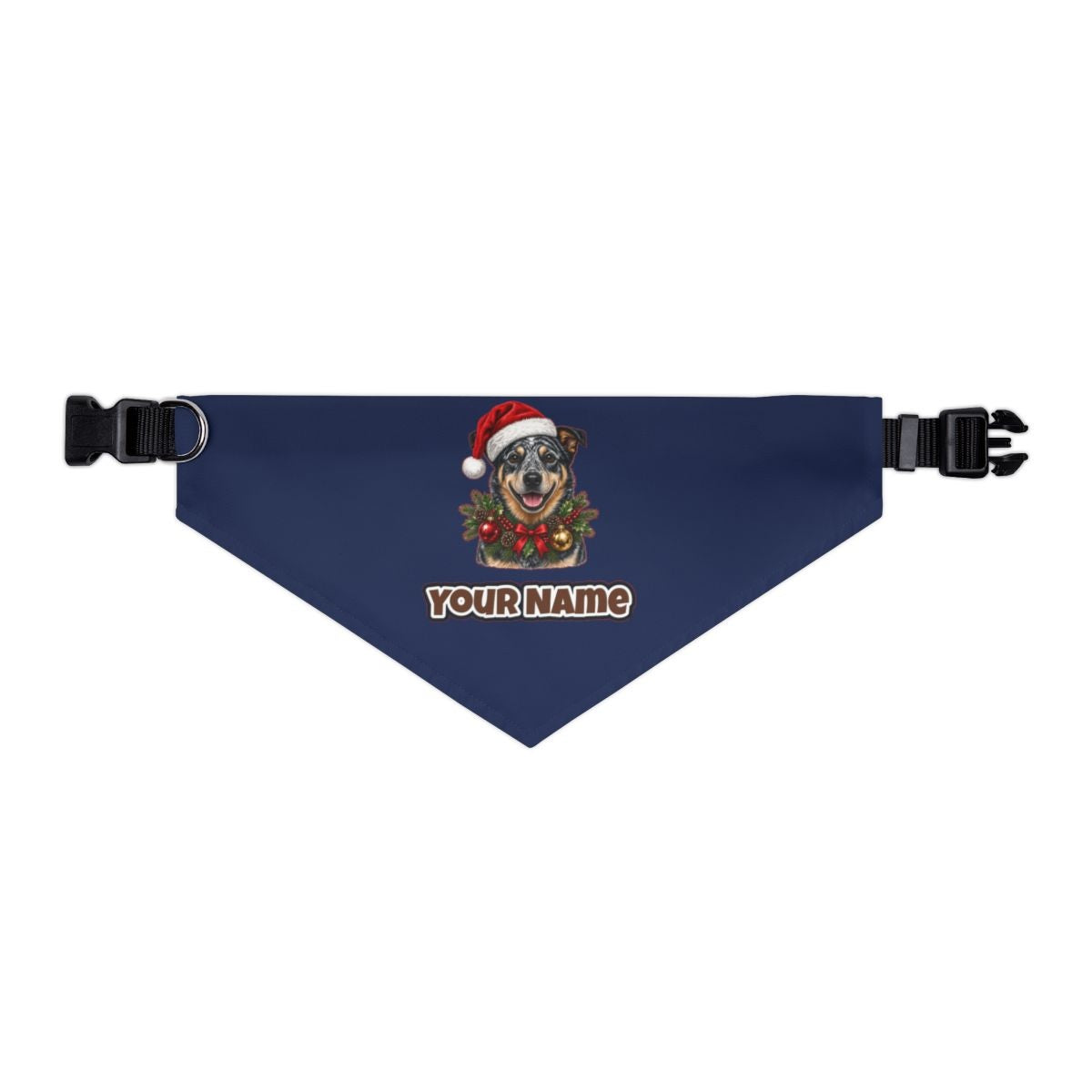 Blue Heeler personalised Christmas pet bandana in navy, collar with buckle