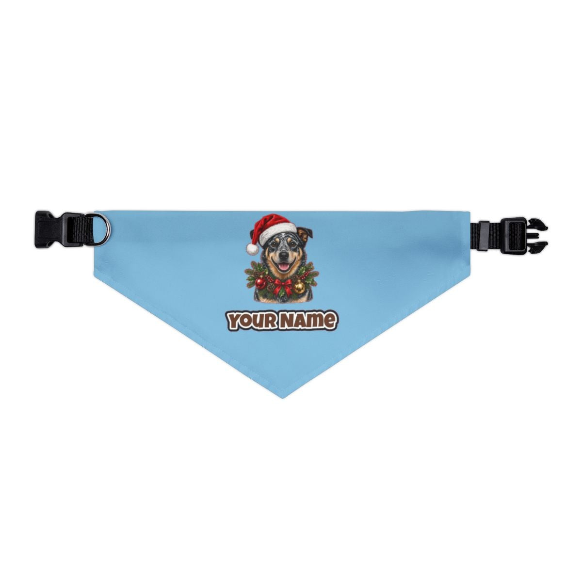 Blue Heeler personalised Christmas pet bandana in sky blue, collar with buckle