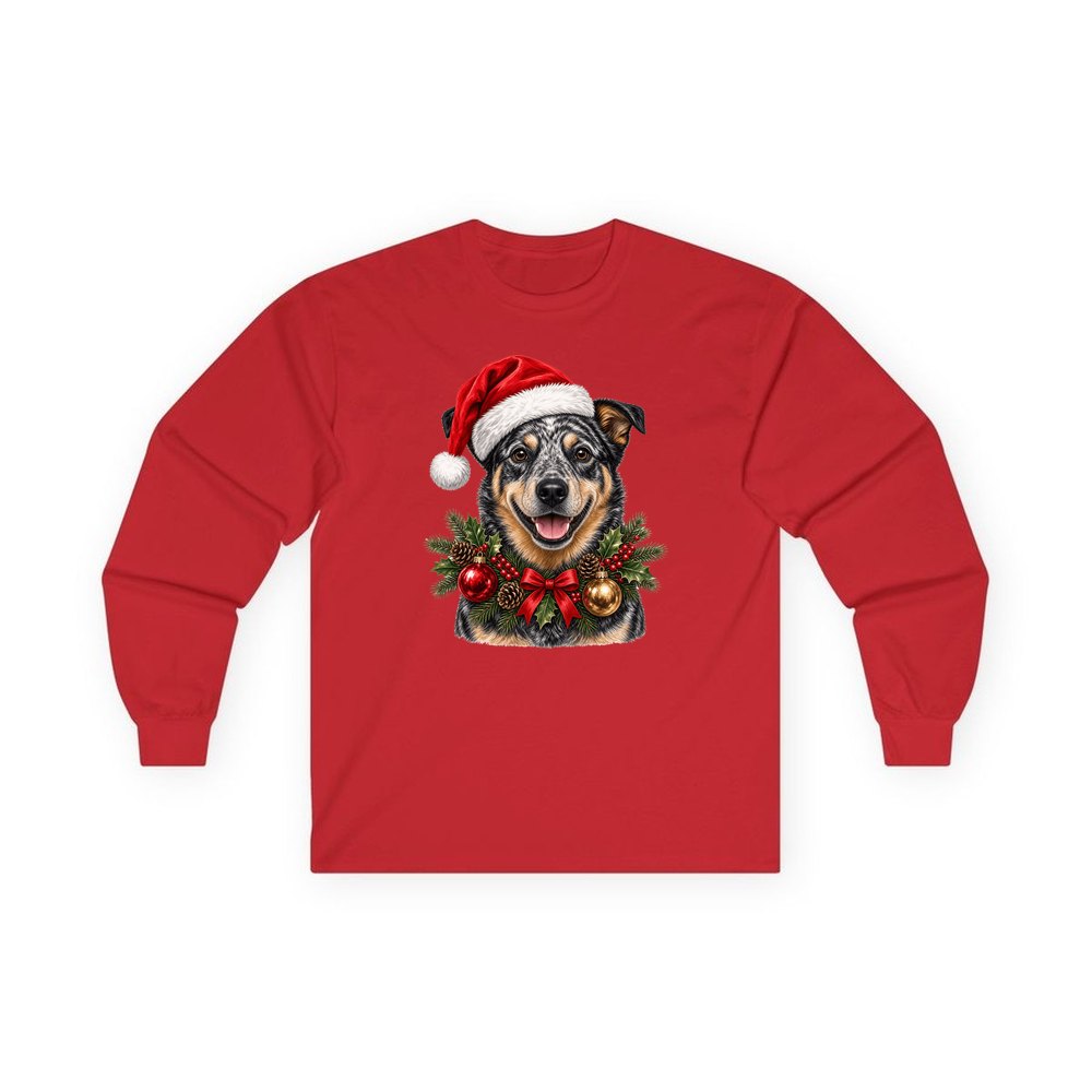 Blue Heeler personalised long sleeve Christmas T-shirt in red