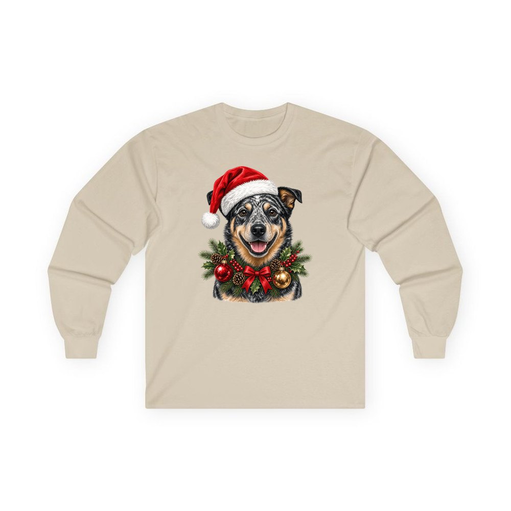 Blue Heeler personalised long sleeve Christmas T-shirt in sand