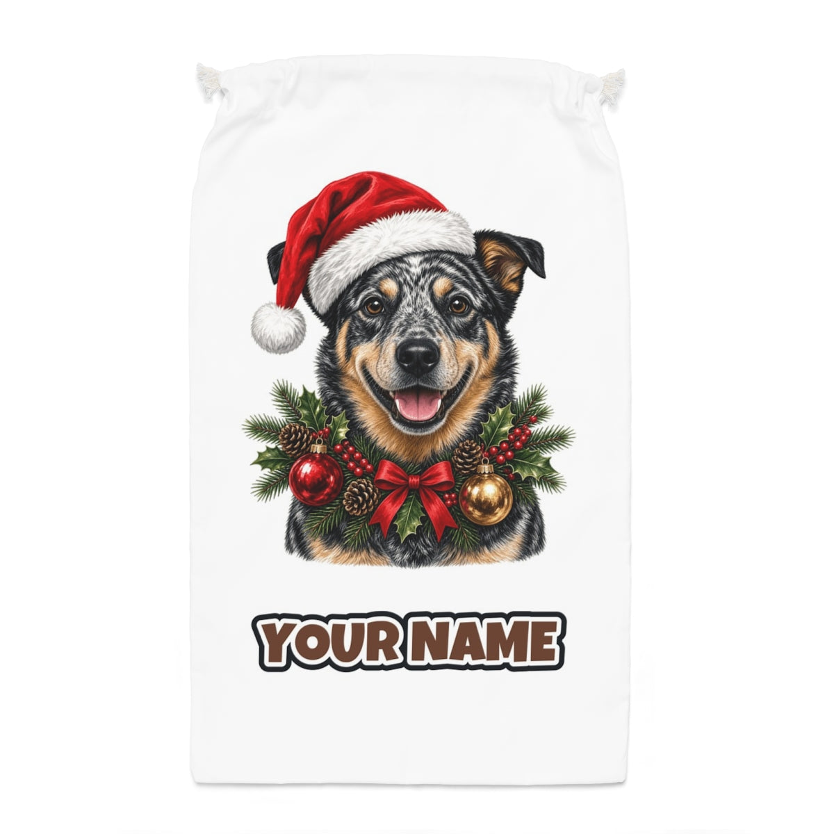 Blue Heeler Santa sack laid flat, showing the full print