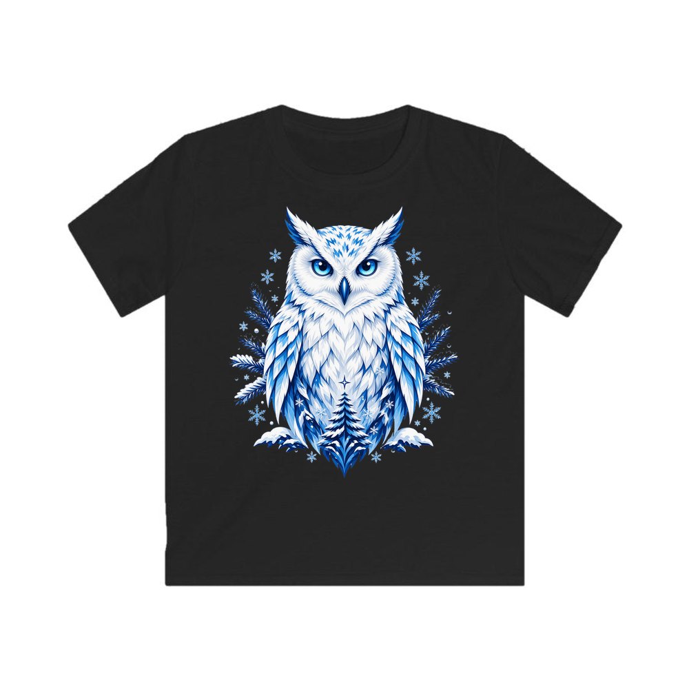 Blue Winter Snowy Owl personalised kids Christmas tee in black
