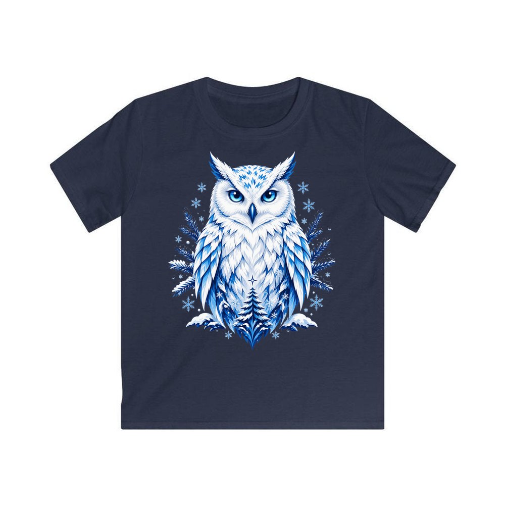 Blue Winter Snowy Owl personalised kids Christmas tee in navy