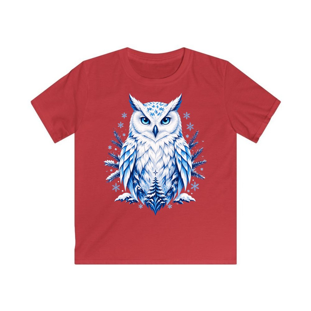 Blue Winter Snowy Owl personalised kids Christmas tee in red
