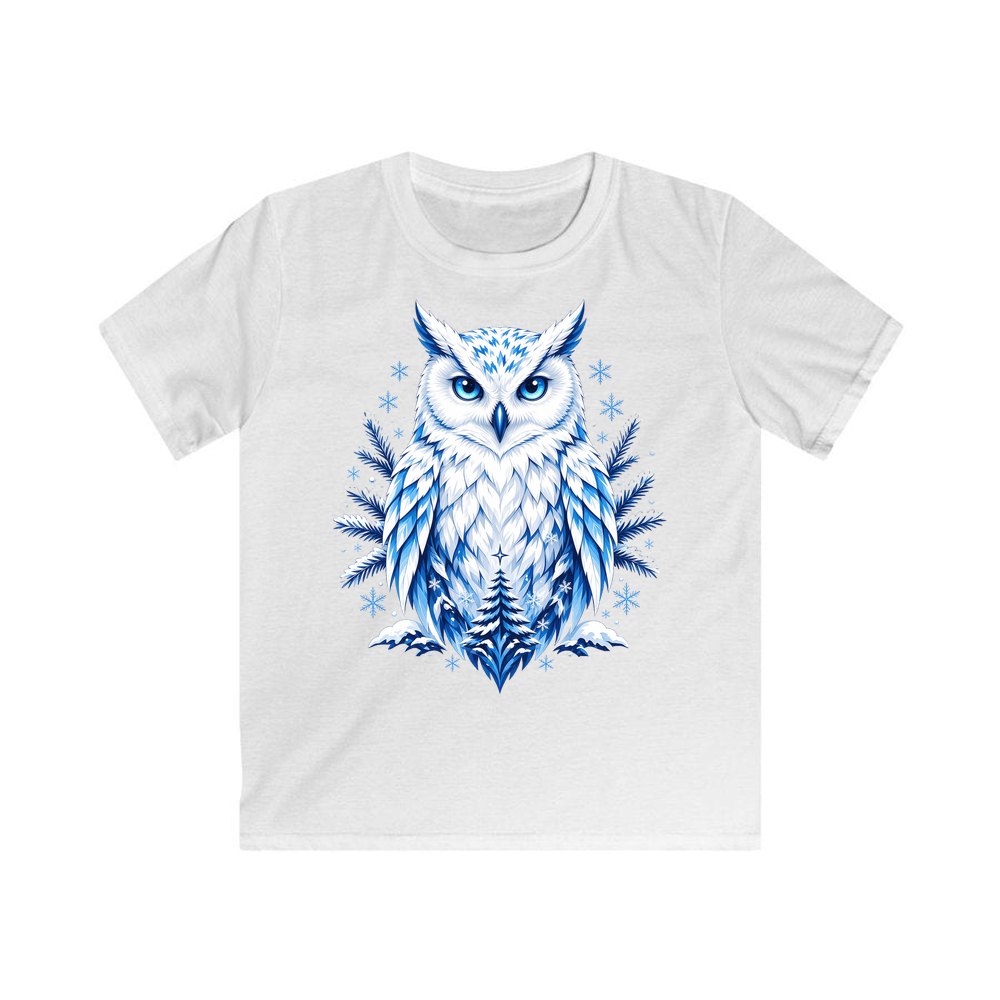 Blue Winter Snowy Owl personalised kids Christmas tee in white