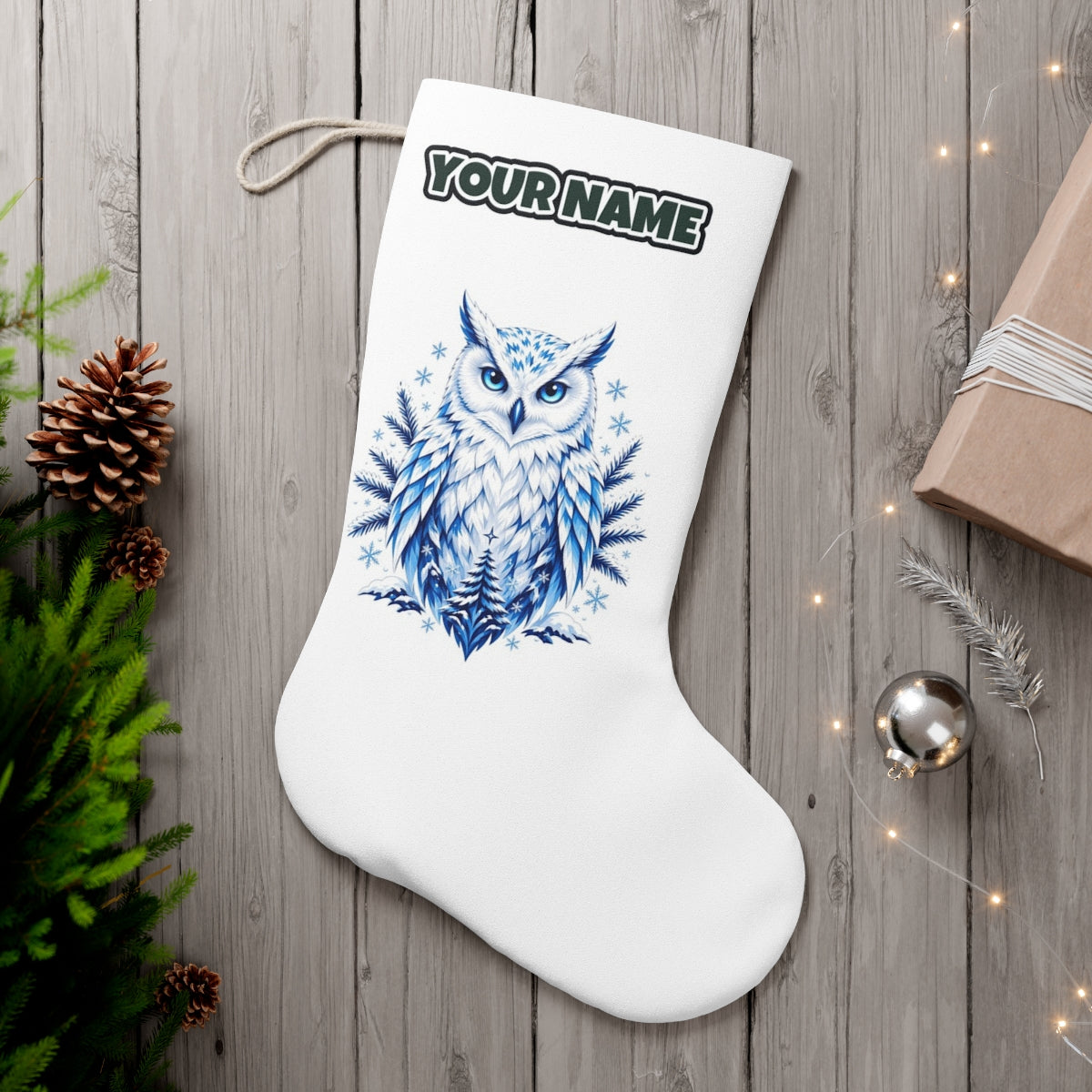 Blue Winter Snowy Owl personalised Christmas stocking, white, with the name across the top