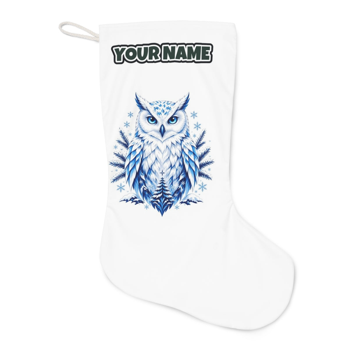 Blue Winter Snowy Owl Christmas stocking laid flat, showing the full print