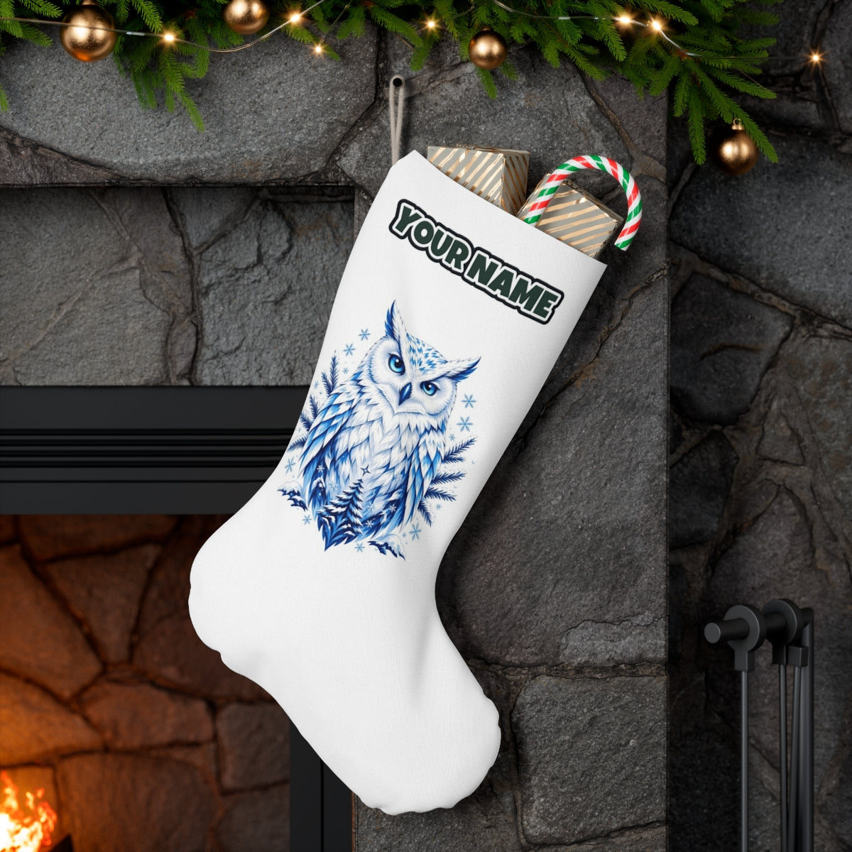 Blue Winter Snowy Owl personalised Christmas stocking hanging on a mantel