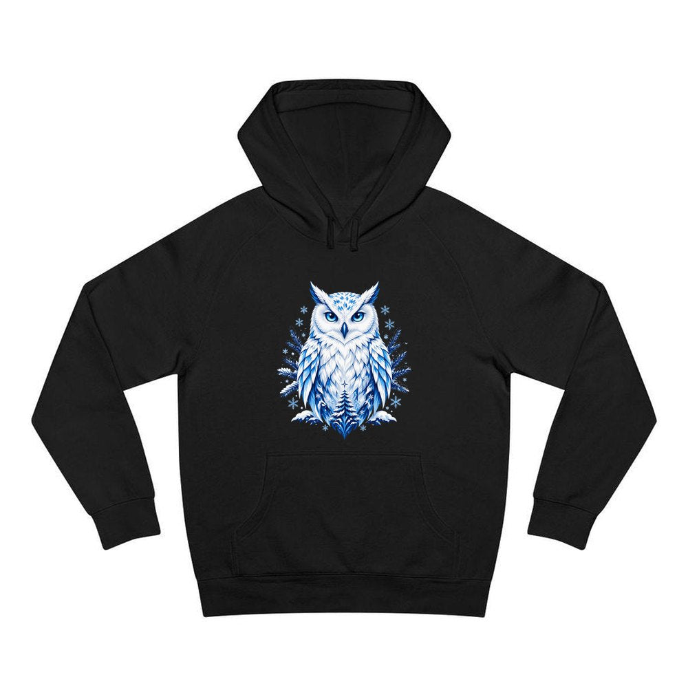 Blue Winter Snowy Owl personalised Christmas hoodie in black