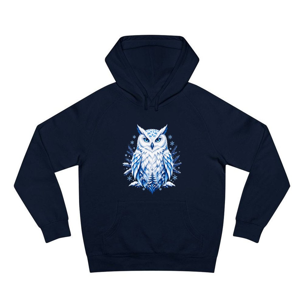 Blue Winter Snowy Owl personalised Christmas hoodie in navy