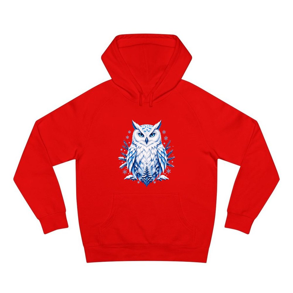 Blue Winter Snowy Owl personalised Christmas hoodie in red