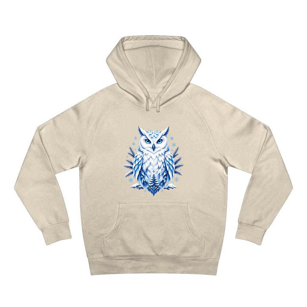 Blue Winter Snowy Owl personalised Christmas hoodie in sand