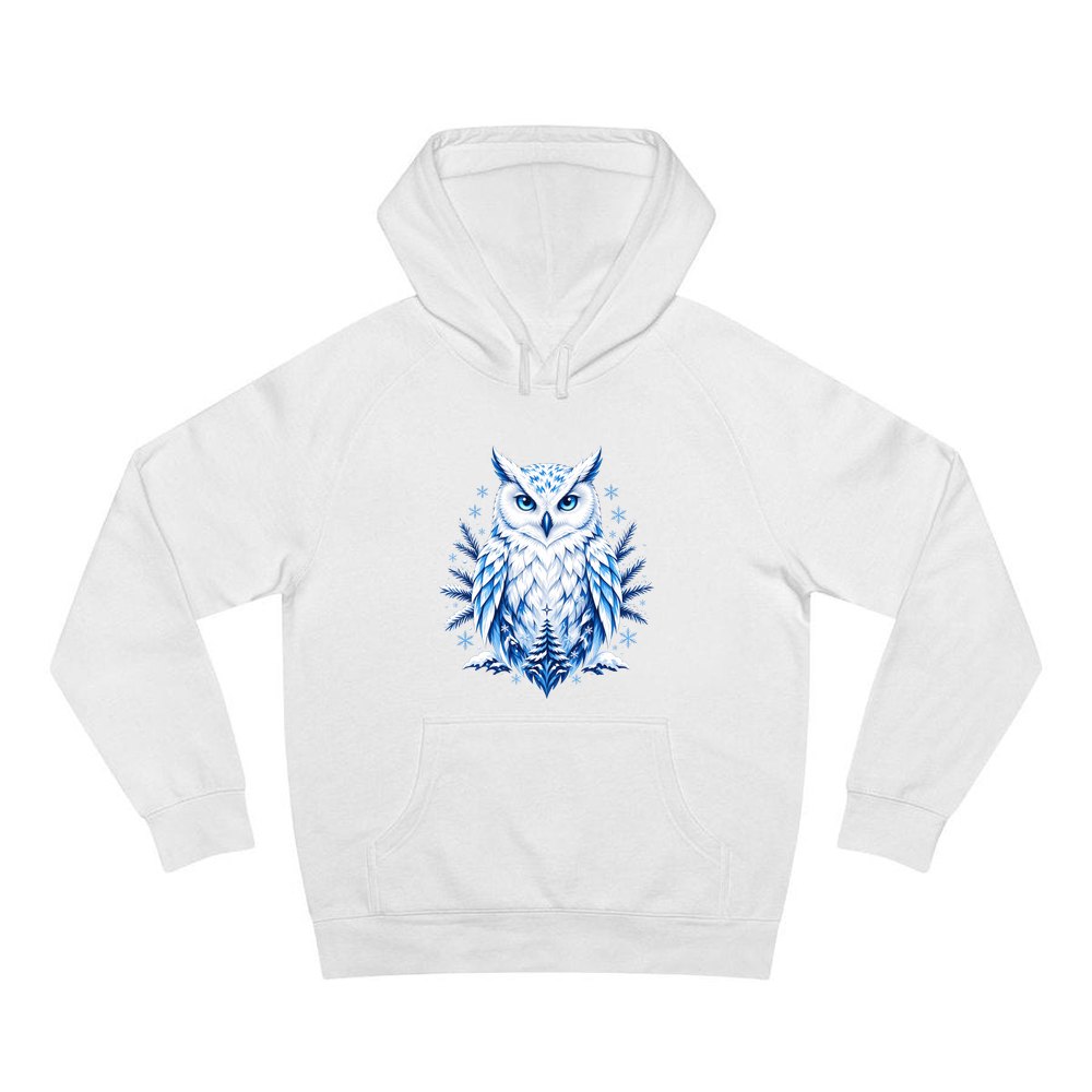 Blue Winter Snowy Owl personalised Christmas hoodie in white